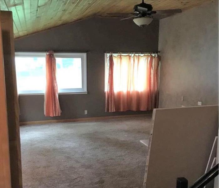 Vacant room with carpet and mold wood ceiling in place