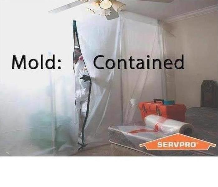 Picture of a containment wall with the words across it saying "Mold Contained"