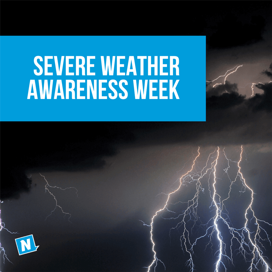 picture of lightning with the caption "severe weather awareness week" 