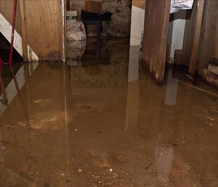 Am image of a basement floor covered in water