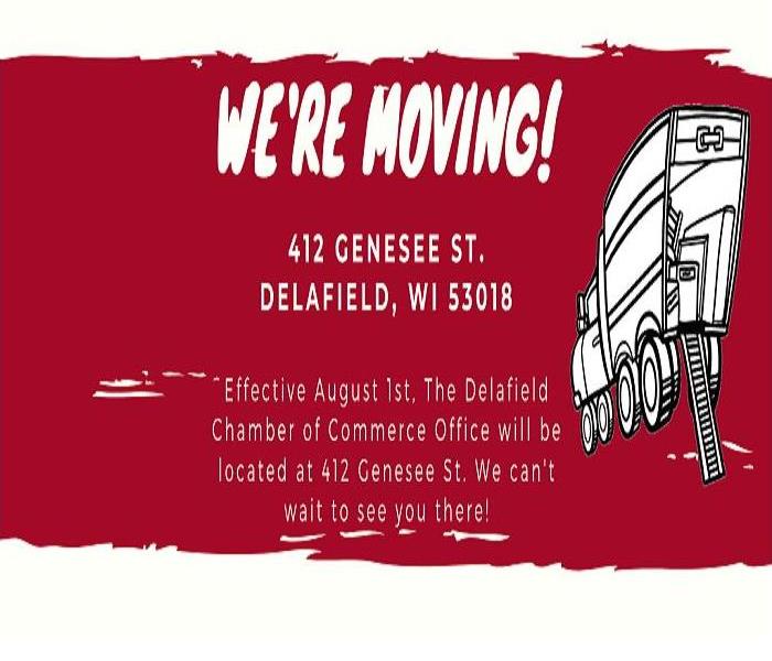 Cartoon image of moving truck announcing that the Delafield Chamber is moving to a new location