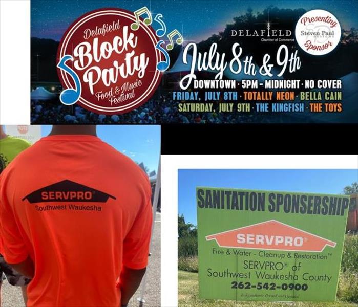 A collage of images, orange shirt with SERVPRO logo, a sign that says Sanitation Sponsor and Block Party logo