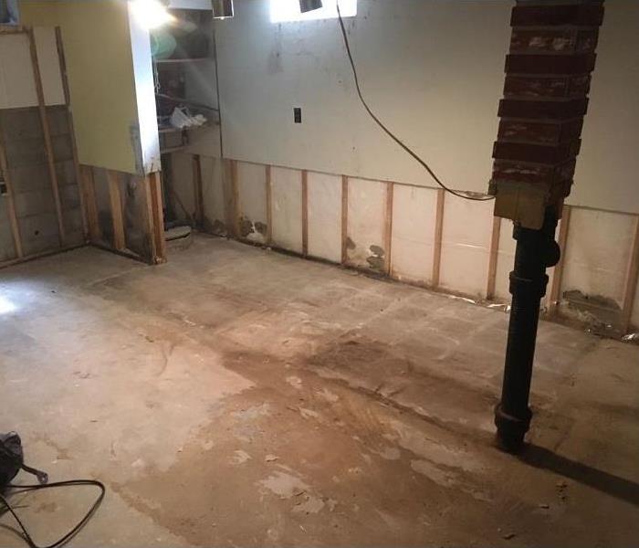 Basement rec room with contents removed, bar removed and all moldy drywall removed leaving exposed studs