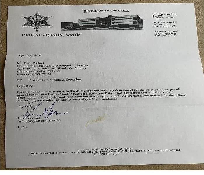 Thank you letter to SERVPRO from the Waukesha County Sheriff