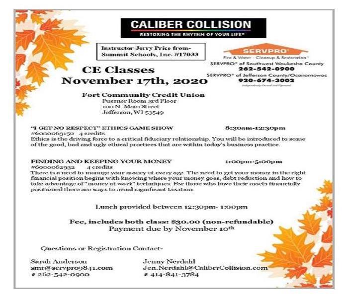 Information regarding a CE class is printed onto a flyer with a fall theme